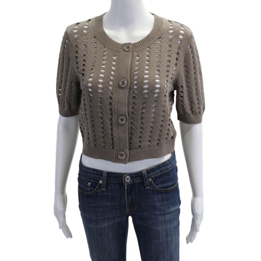 27 Miles Women Brown Button Cardigan Round Neck Short Sleeve Size S